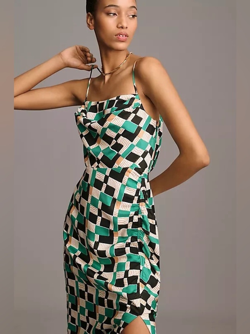 Green Geo Anthropologie Draped Back Asymmetrical Slip Midi Dress Size 4 NWT
